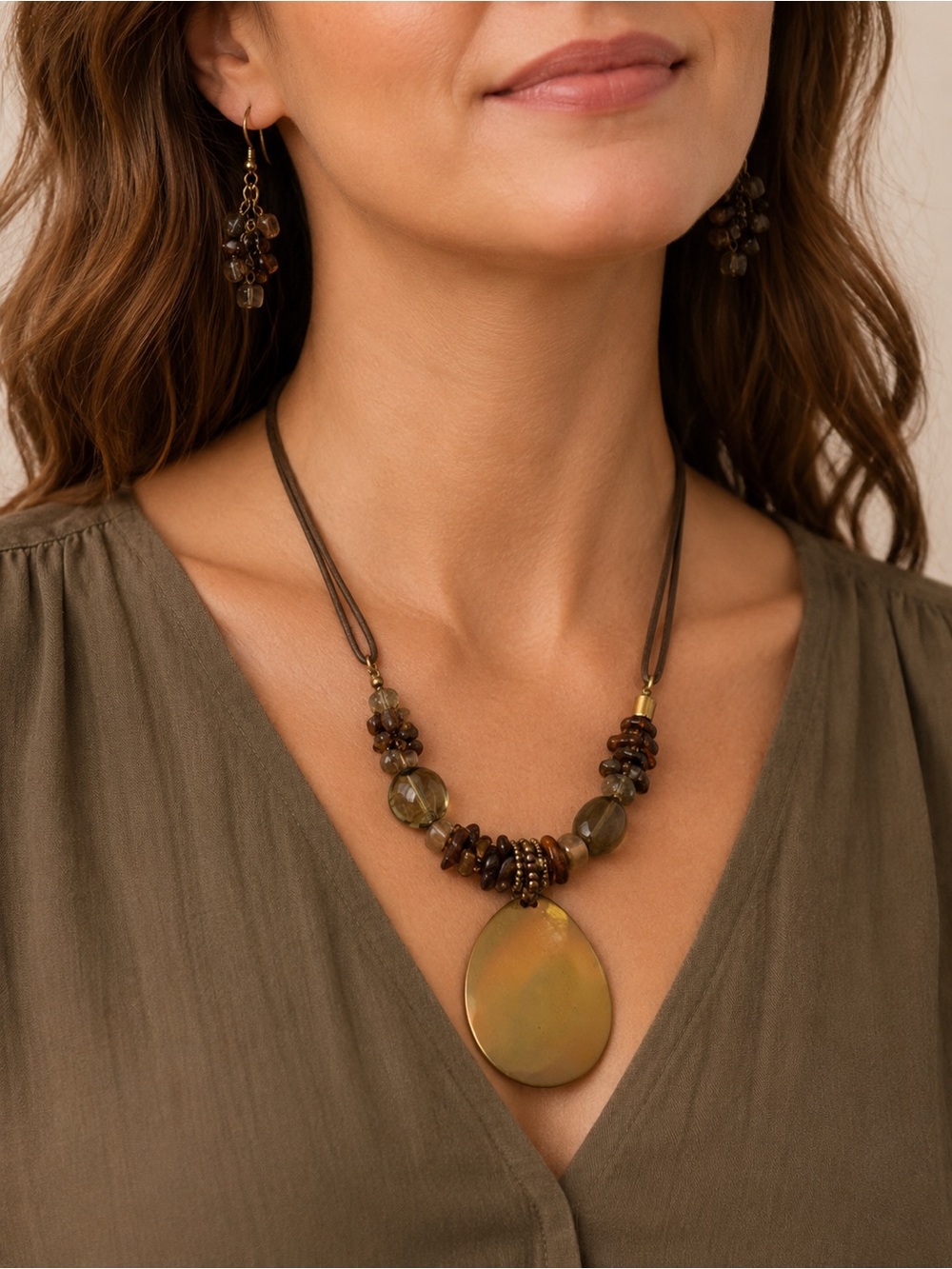 Vintage Erica Lyons Boho Statement Necklace & Earrings Set Pendant Earth Tone